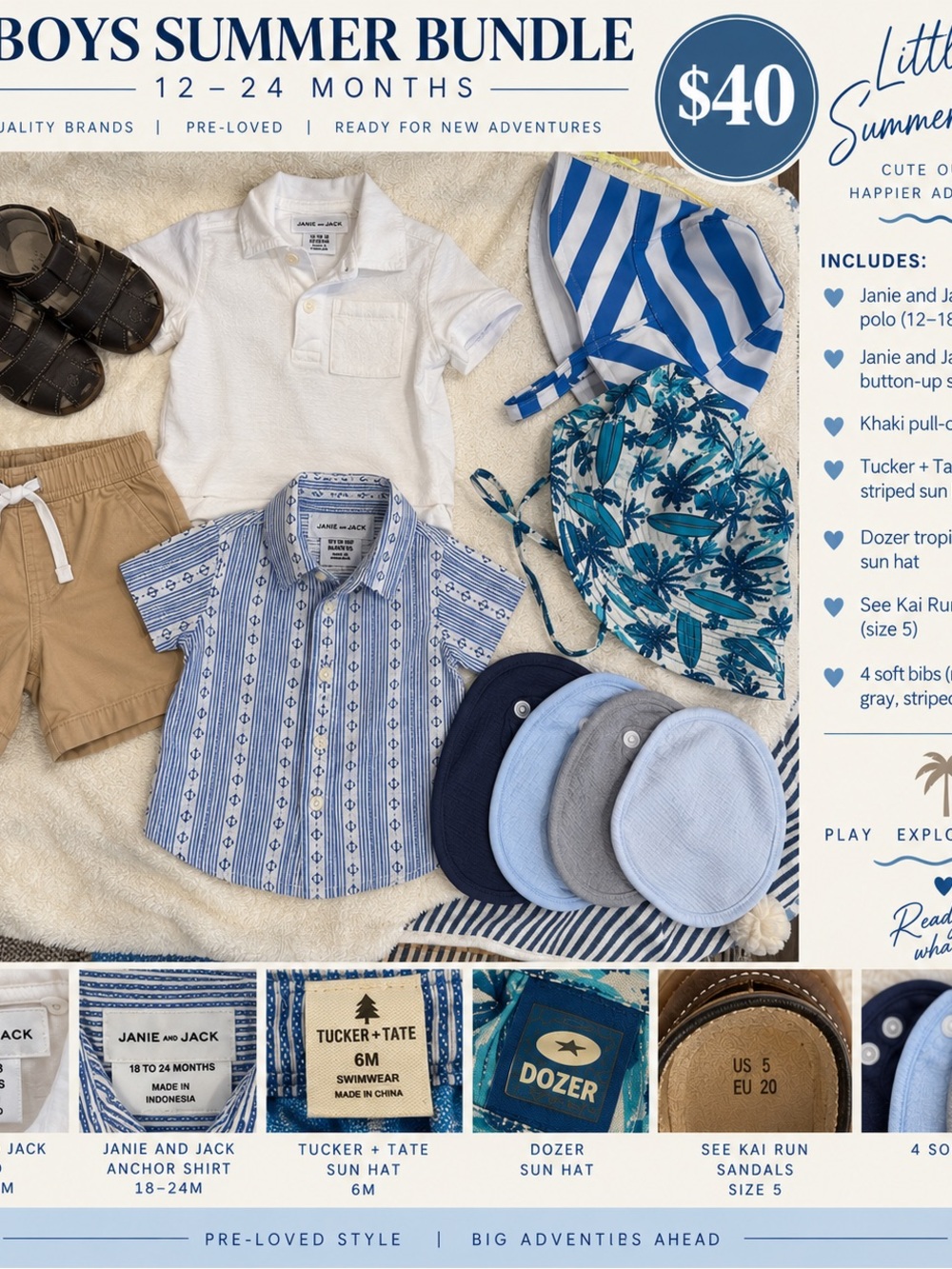 Janie and Jack Boys Summer Outfit Bundle - White, Blue, Tan, Navy